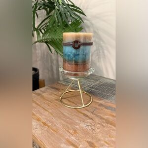 New Turquoise and brown 4 inch candle with 4 inch gold and glass stand.